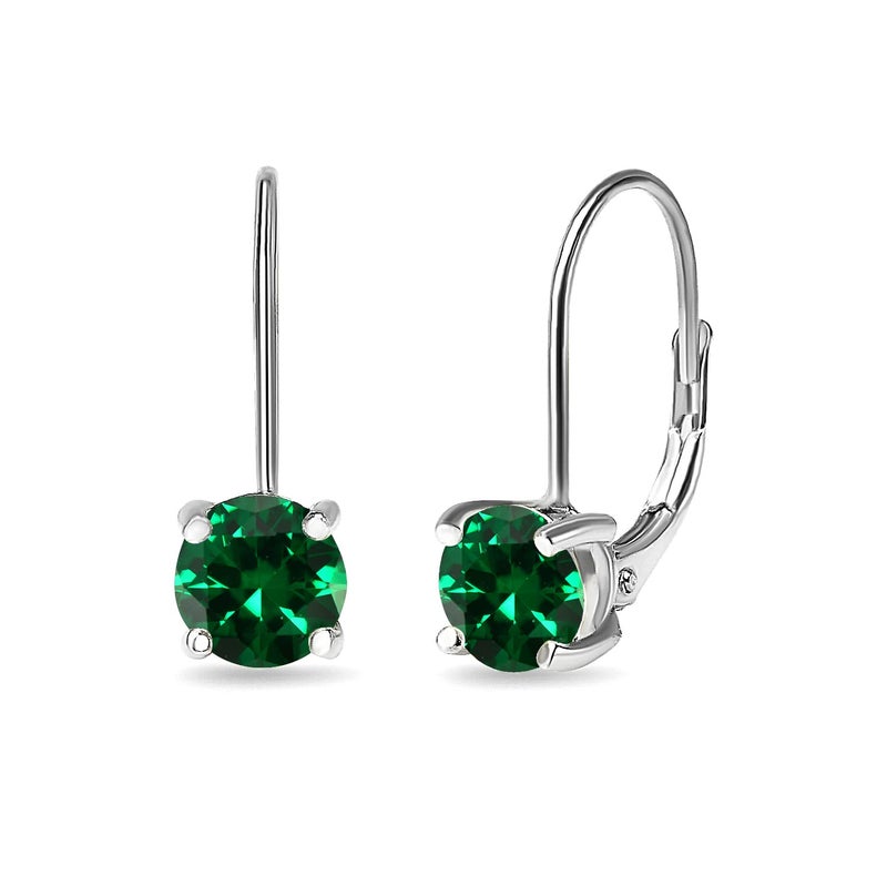 B. BRILLIANT Green Earrings for Women 6mm Round Sterling Silver Leverback Drop Synthetic Gemstones Emerald Earrings for Bridesmaids Fashion - Image 1